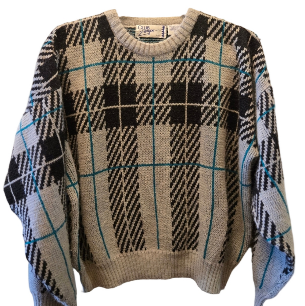 Vintage 90s Plaid Oversized Sweater Chunky Knit Grandpa Academia L